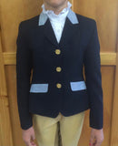 Clearance Navy With Pale Blue & Navy Check Collar & Pocket Details (005) Childs Open/ Dressage Jacket Size 12 Only