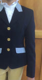 Clearance Navy With Pale Blue & Navy Check Collar & Pocket Details (005) Childs Open/ Dressage Jacket Size 12 Only