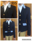 Clearance Navy With Pale Blue & Navy Check Collar & Pocket Details (005) Childs Open/ Dressage Jacket Size 12 Only