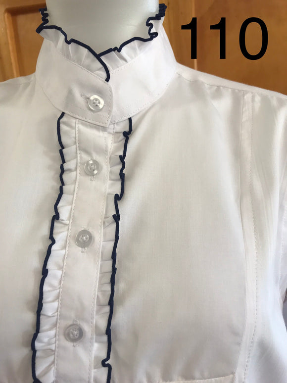 White Long Sleeve Ruffled Shirts (110) With Shorter Arms, Navy Stitching On The Ruffles Adults Size 12 Only