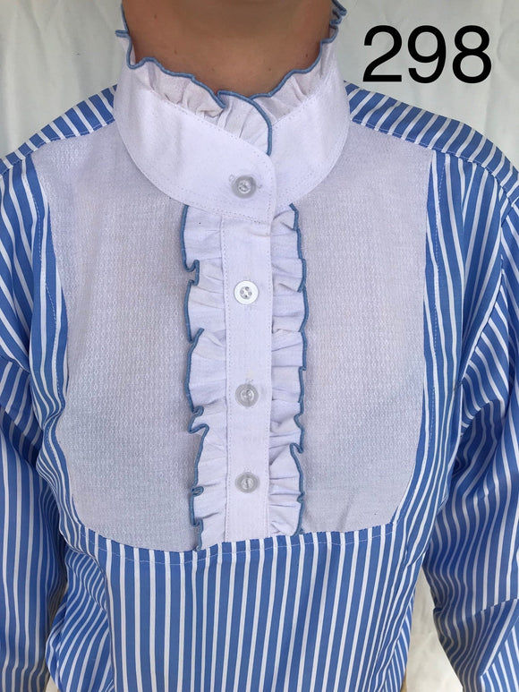 Pale/ Sky Blue & White Striped Long Sleeved Ruffle Shirts Adults (298)