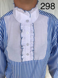 Pale/ Sky Blue & White Striped Long Sleeved Ruffle Shirts Adults (298)