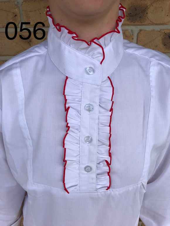 White Long Sleeve Ruffled Shirts with Red Stitching On the Ruffles Adults (056)