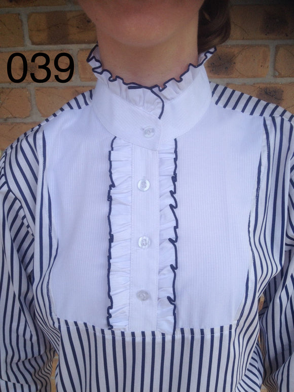 Navy & White Striped Long Sleeved Ruffle Shirts Adults (039)