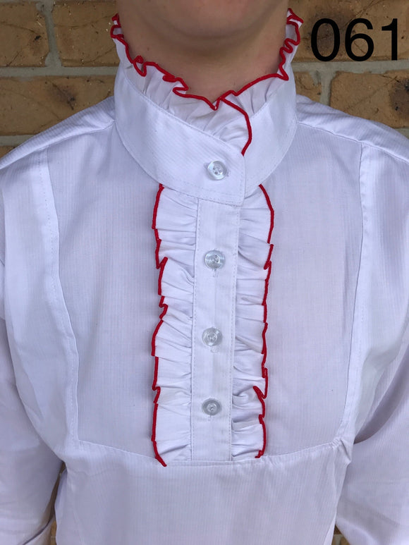 White Long Sleeve Ruffled Shirts with Red Stitching On the Ruffles Childs (061)