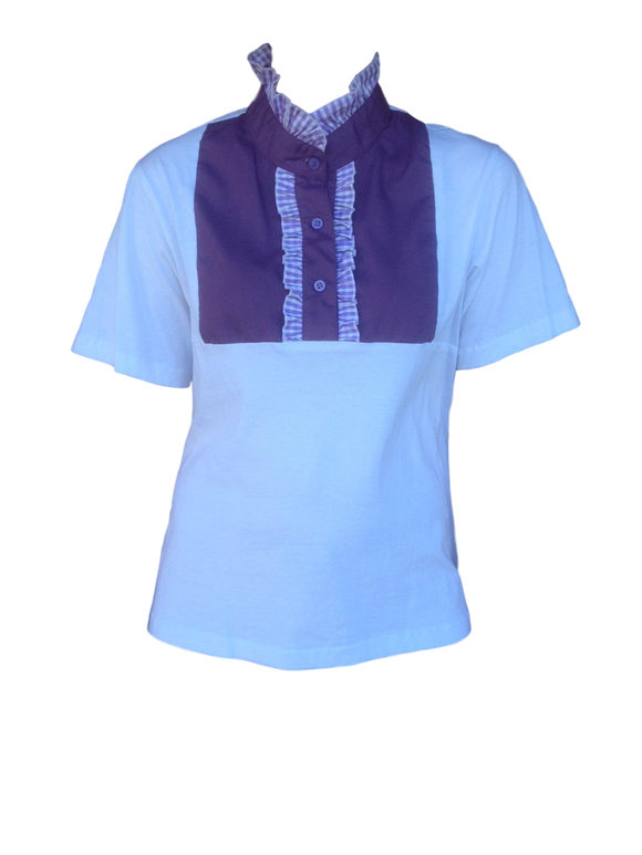 CLEARANCE White Ruffled T Shirt With Mauve Gingham Check Ruffles STUNNING Adults (341)